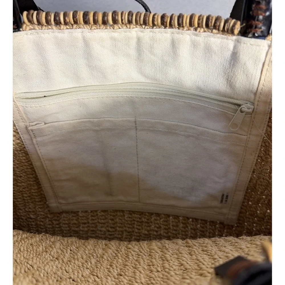 Summer Jute/straw  Handbag Tote Leather Straps Shell Closure 9 West